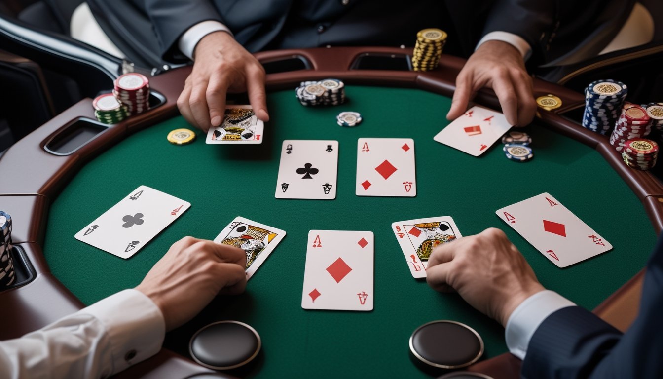 Tangan pemain menyusun kartu Pai Gow Poker dengan kartu joker sebagai pengganti di atas meja kasino.