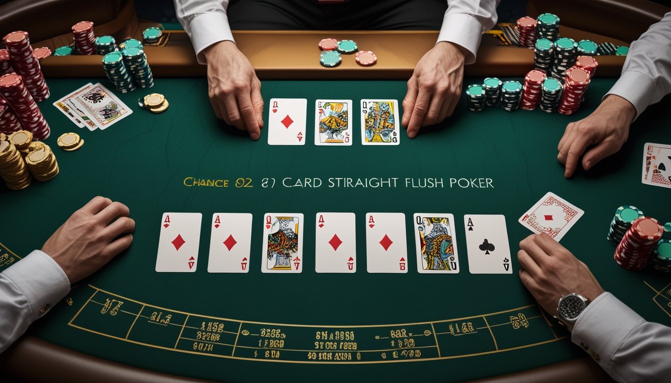 Kartu-kartu poker tersusun di atas meja kasino dengan susunan straight flush tujuh kartu dan keping taruhan.