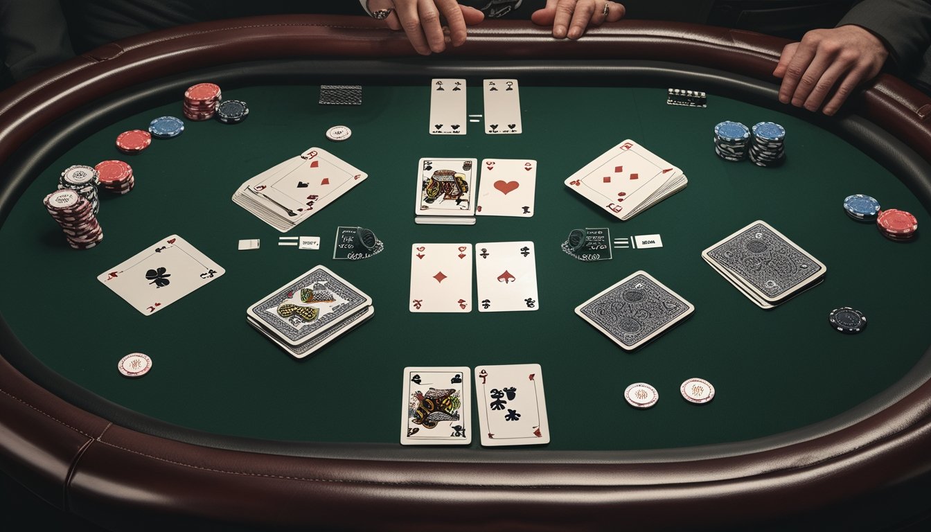 Tujuh kartu remi tersusun menjadi straight flush di atas meja poker dengan beberapa keping chip.