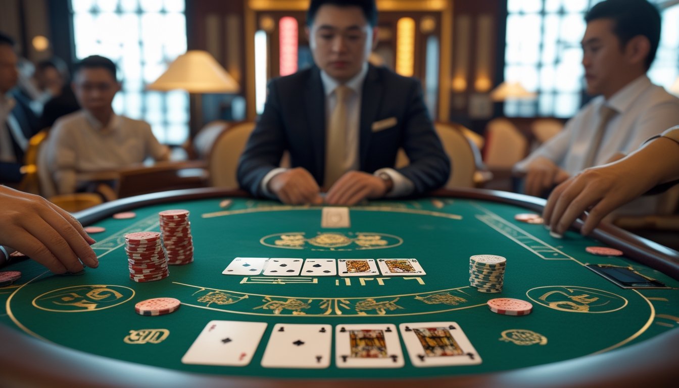 Pemain dan bandar duduk di meja Pai Gow Poker dengan kartu, pai gow tiles, dan chip kasino dalam suasana tenang.