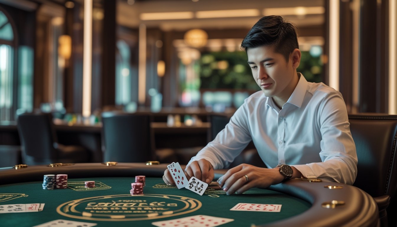 Seorang pemain membandingkan kartu dan keping taruhan di meja Pai Gow Poker dalam suasana kasino.