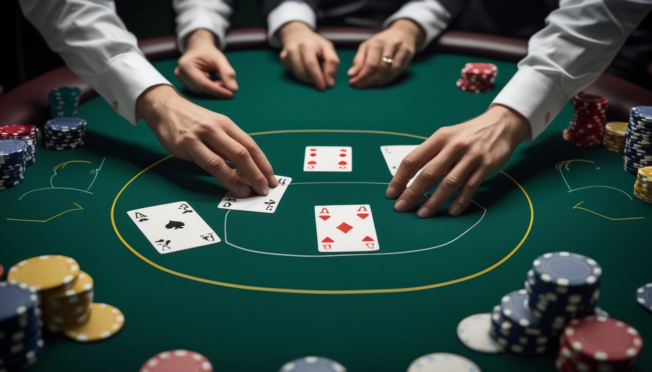 Meja Pai Gow Poker dengan dua susunan kartu bernilai sama, keping poker, dan tangan dealer yang mengatur kartu.