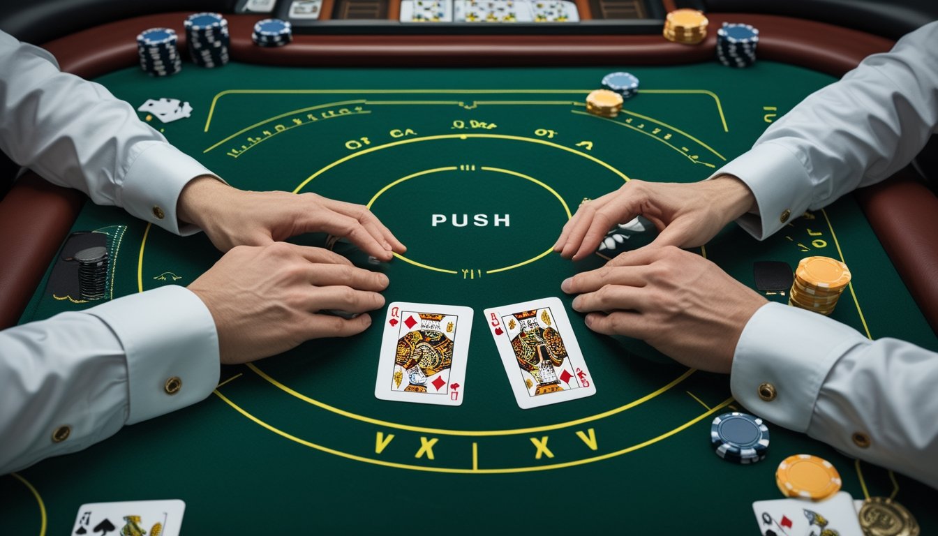 Kartu Pai Gow Poker dan keping taruhan tersusun seimbang di atas meja kasino untuk menggambarkan hasil seri.