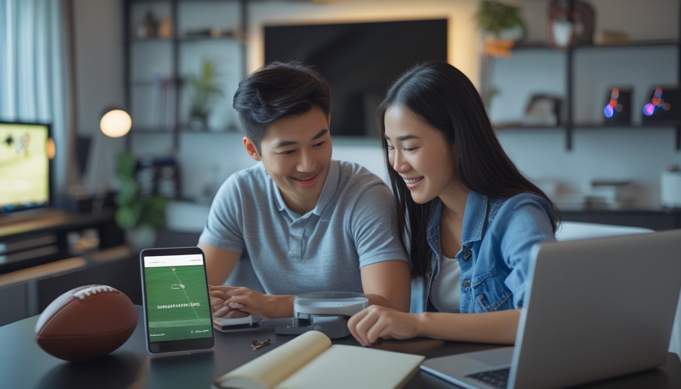 Dua orang dewasa belajar menggunakan laptop dan ponsel dengan suasana sepak bola di ruang kerja rumah.