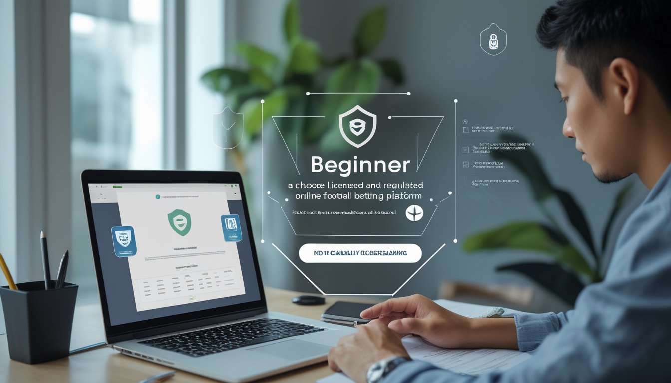 Seorang pemula memeriksa platform taruhan sepak bola berlisensi di laptop dengan dokumen dan simbol verifikasi di meja.