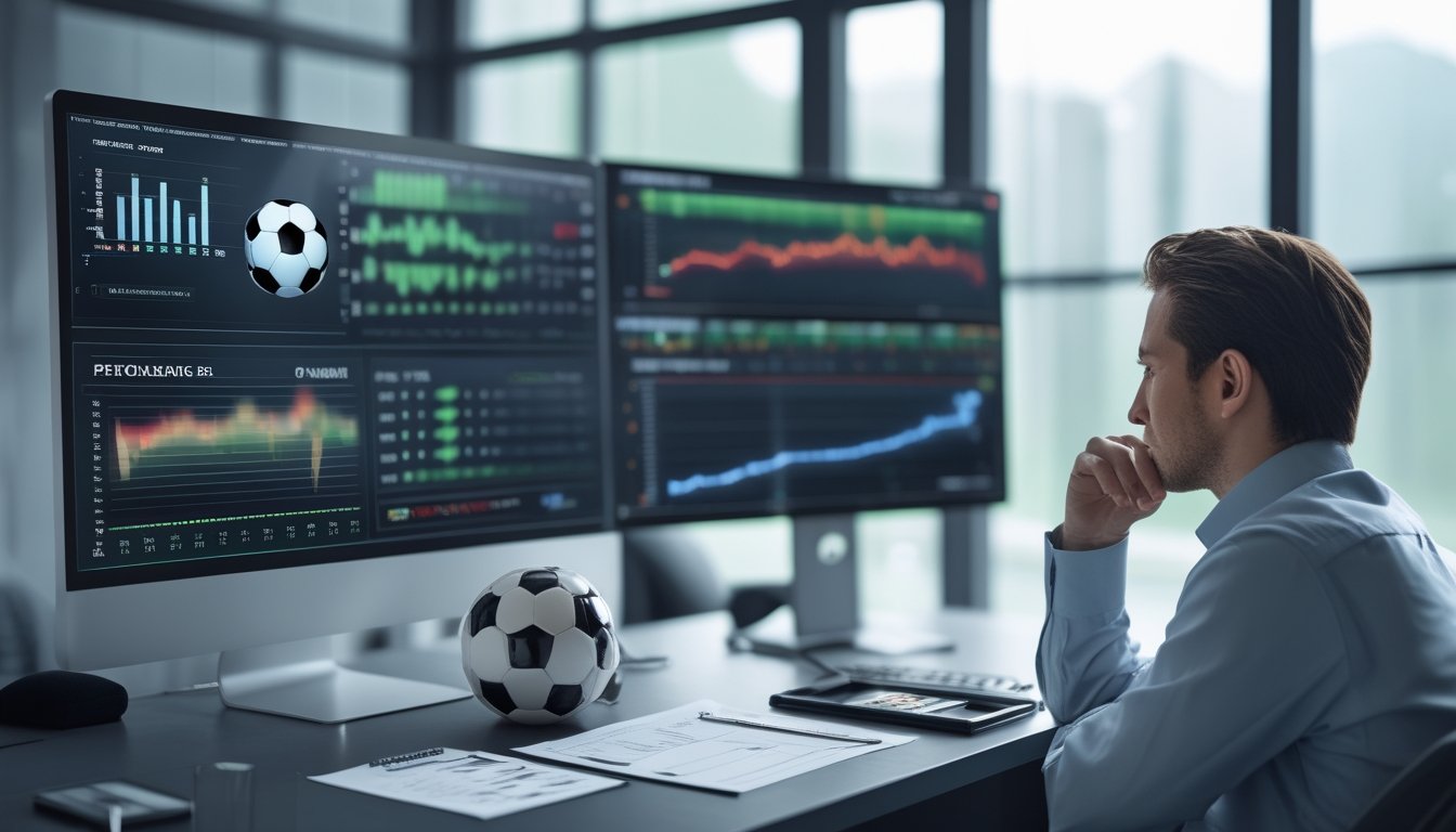 Seorang analis mempelajari data pertandingan sepak bola di monitor sambil mencatat di meja kerja.