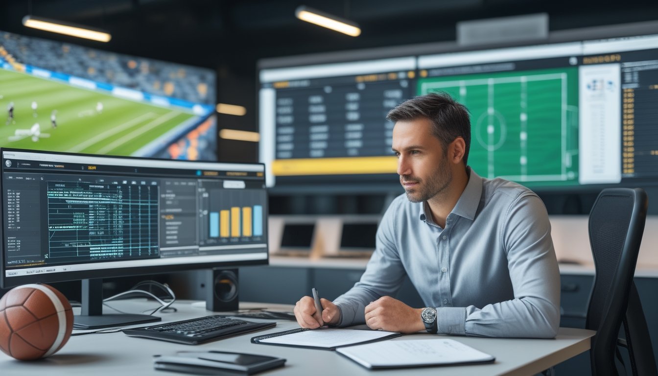 Seorang analis mempelajari data pertandingan sepak bola di meja kerja dengan bola, kalkulator, dan layar analisis.