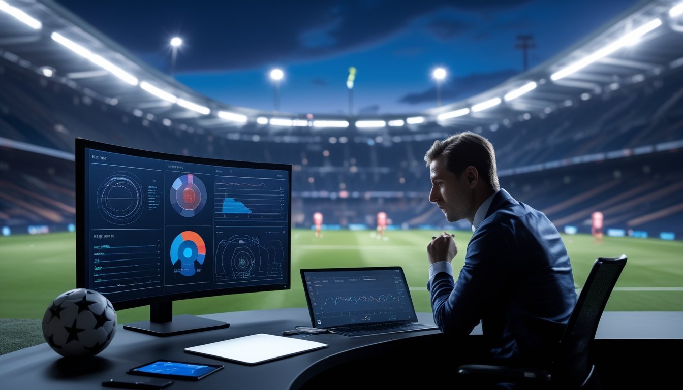 Analis olahraga mempelajari grafik statistik pertandingan sepak bola di ruang kerja dengan stadion bercahaya di latar belakang.