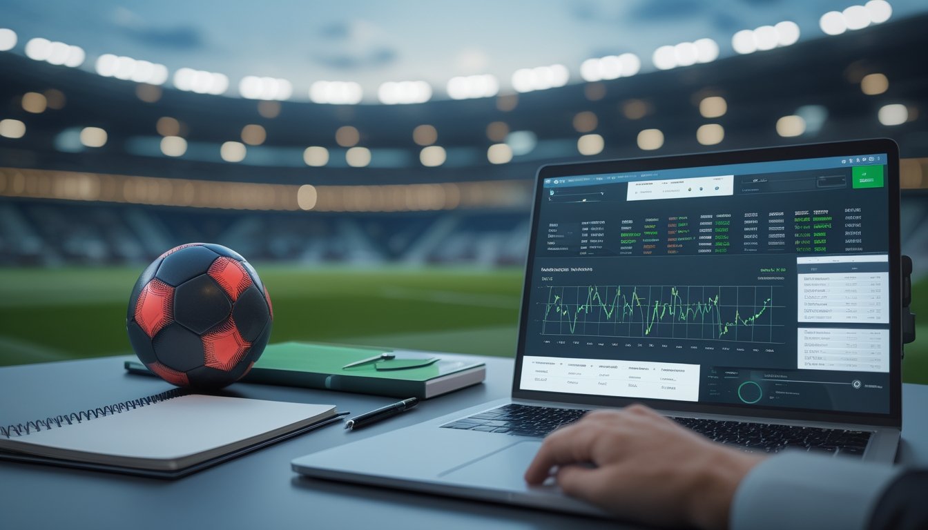 Meja analisis olahraga dengan bola sepak, laptop, tablet berisi grafik performa, dan stadion yang tampak samar di latar belakang.