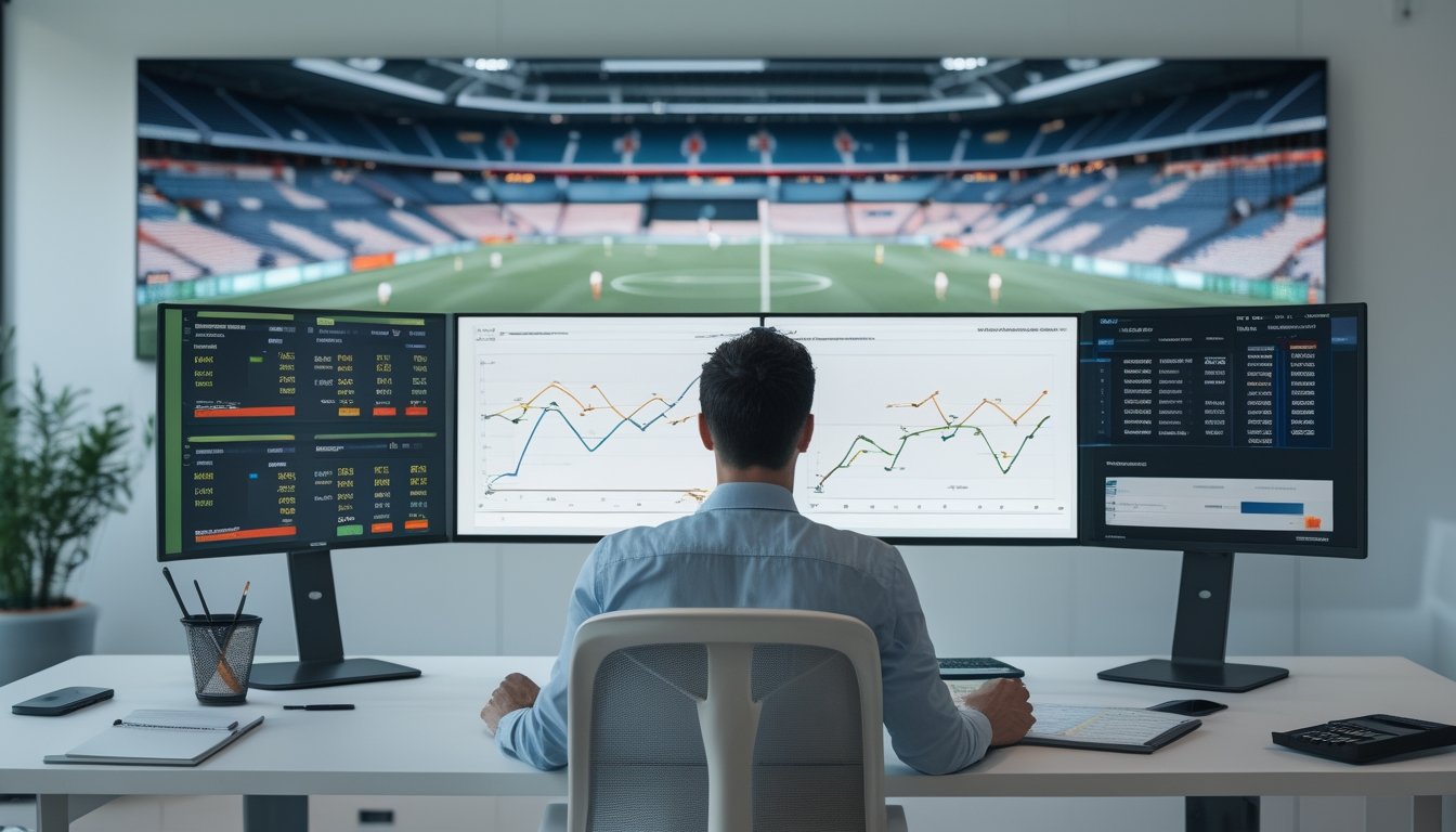 Seorang analis olahraga membandingkan data pertandingan sepak bola di ruang kerja modern.