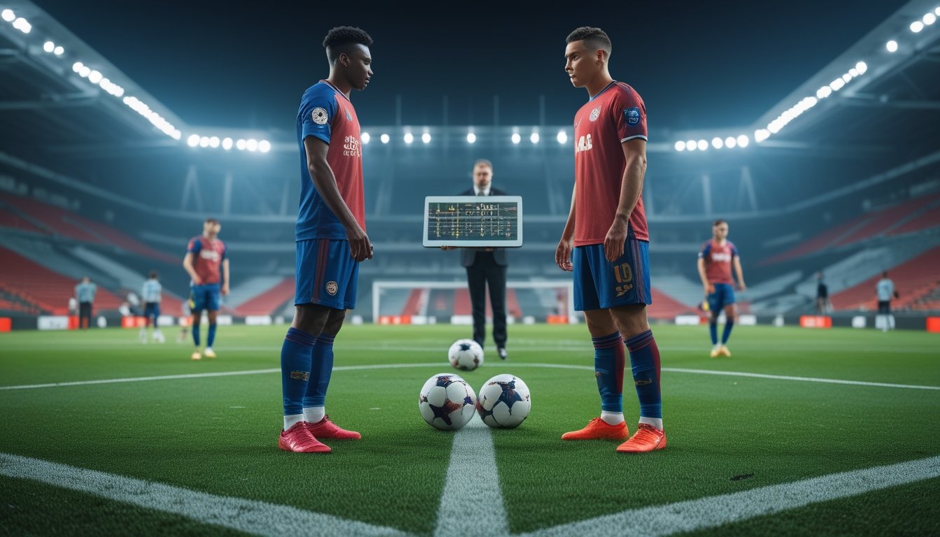 Dua pemain sepak bola dari tim rival berdiri berhadapan di lapangan sebelum pertandingan, sementara analis memeriksa data pemain di latar belakang.