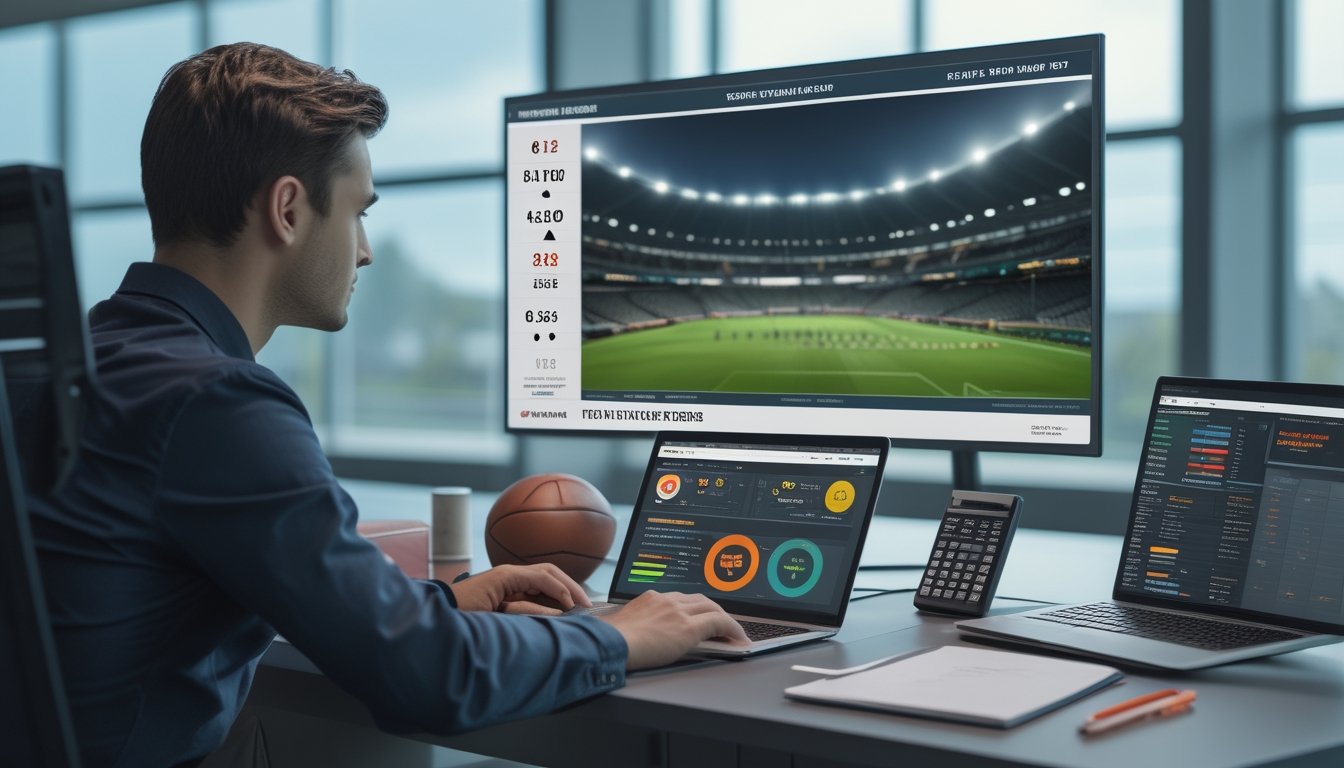 Seorang analis memeriksa statistik pertandingan sepak bola akhir pekan di meja kerja dengan laptop, dokumen, dan perlengkapan analisis.