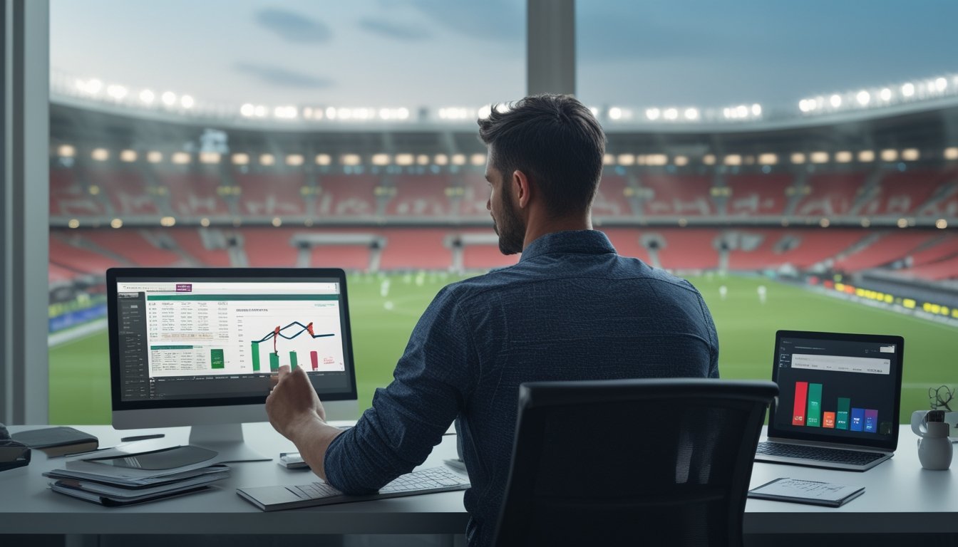 Seorang analis mempelajari statistik pertandingan sepak bola di laptop dan tablet dengan stadion terlihat di latar belakang.