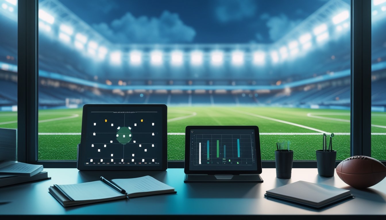Meja analis sepak bola dengan papan strategi dan tablet di depan stadion yang terang pada malam hari.