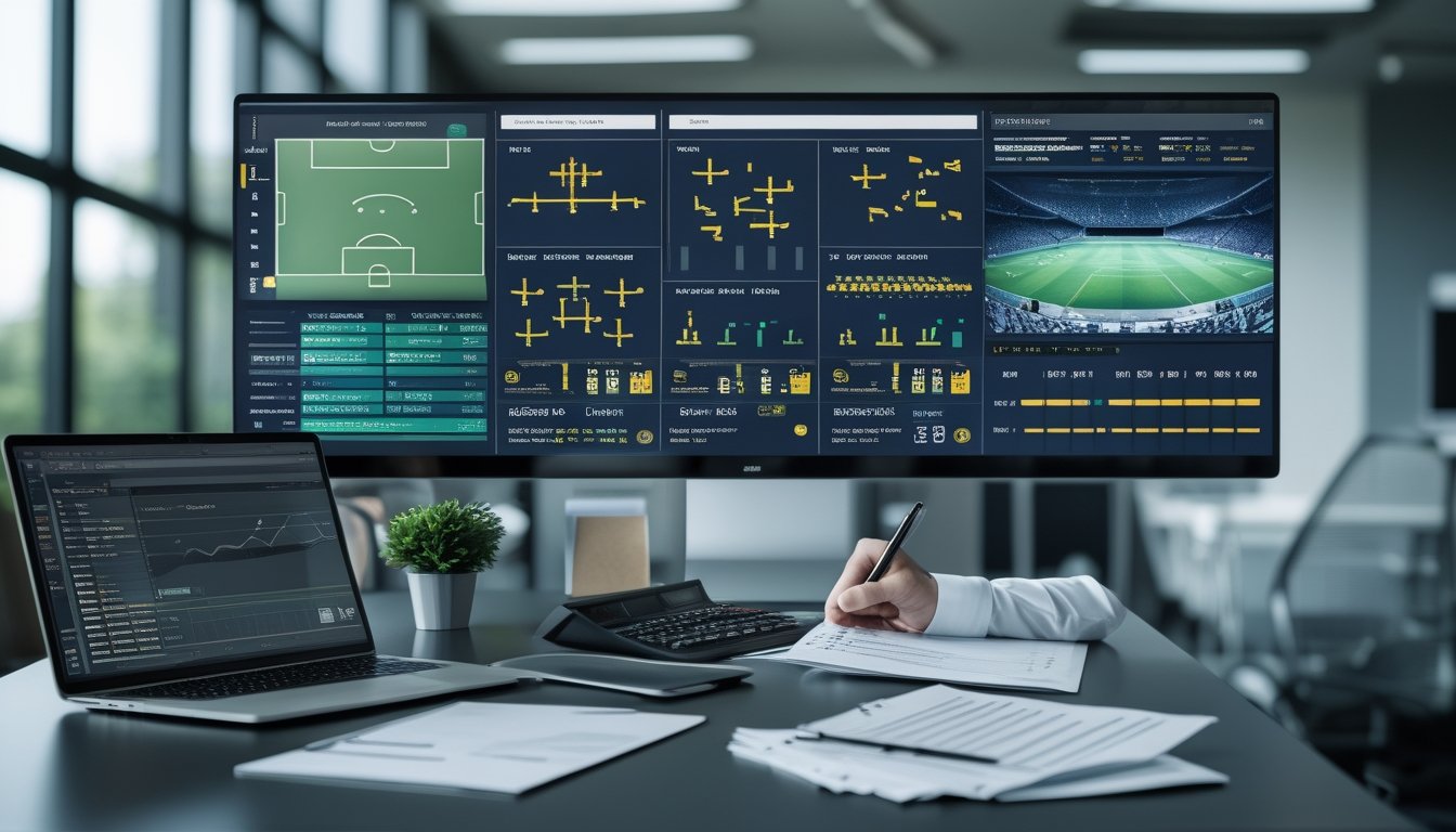 Analis olahraga memeriksa susunan pemain, statistik, dan grafik pertandingan sepak bola di ruang kerja modern.