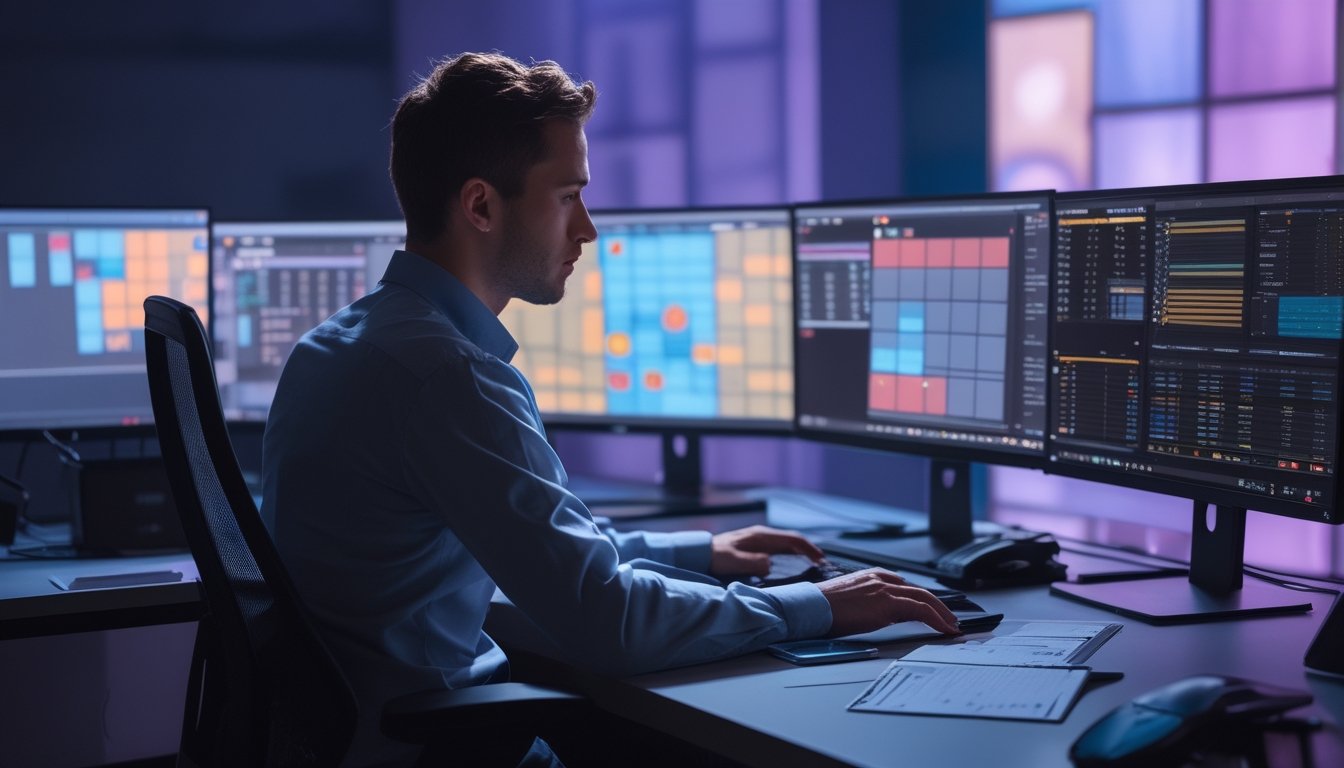 Seorang analis esports mempelajari statistik dan strategi pertandingan di depan beberapa monitor.