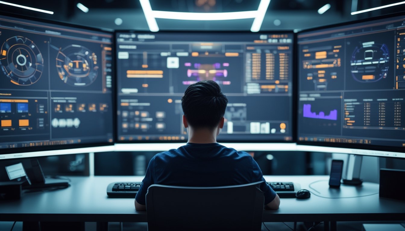 Analis esports mempelajari data pertandingan Mobile Legends di depan beberapa monitor.