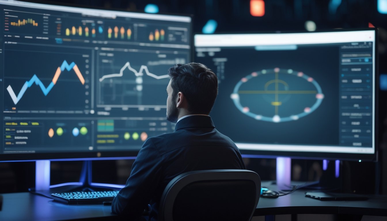 Analis esports menganalisis grafik dan indikator pertandingan pada beberapa monitor di ruang kerja modern.