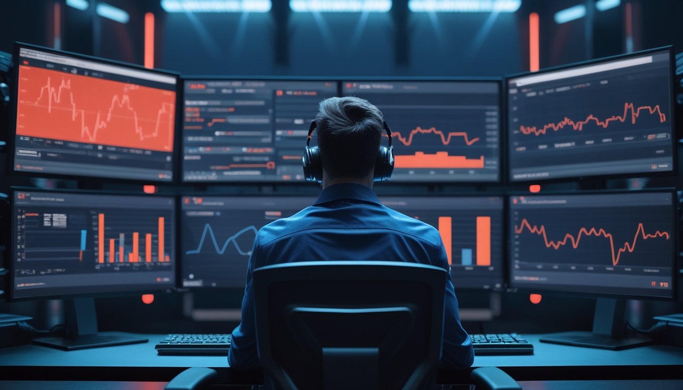 Analis esports memeriksa grafik probabilitas dan data pertandingan pada beberapa monitor di studio modern.
