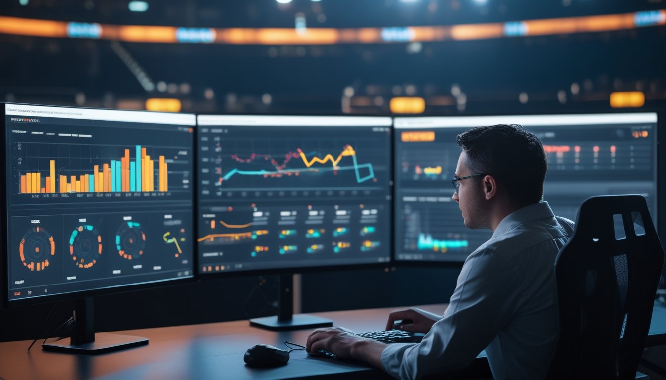 Seorang analis esports mempelajari grafik statistik tim di ruang kerja turnamen dengan suasana arena gaming di latar belakang.