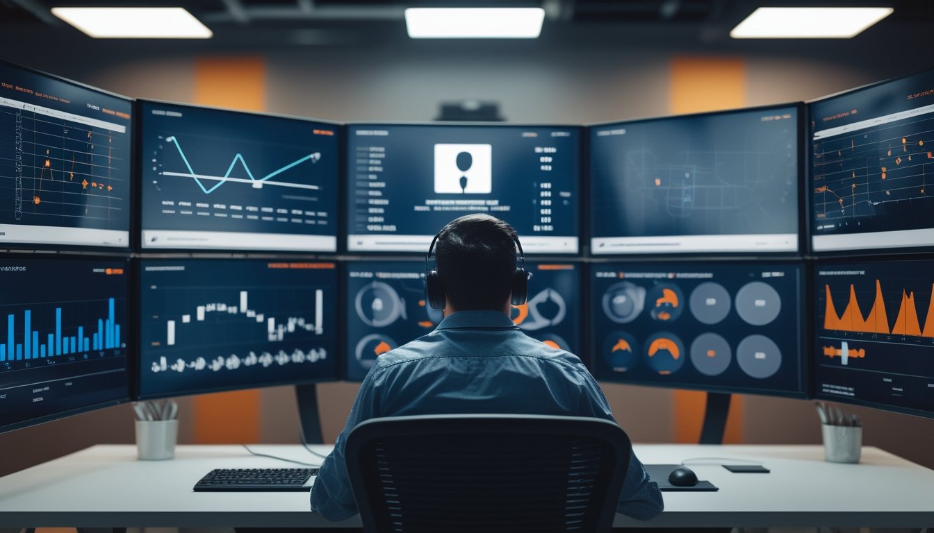 Analis esports mempelajari grafik statistik tim Counter-Strike 2 di beberapa monitor.