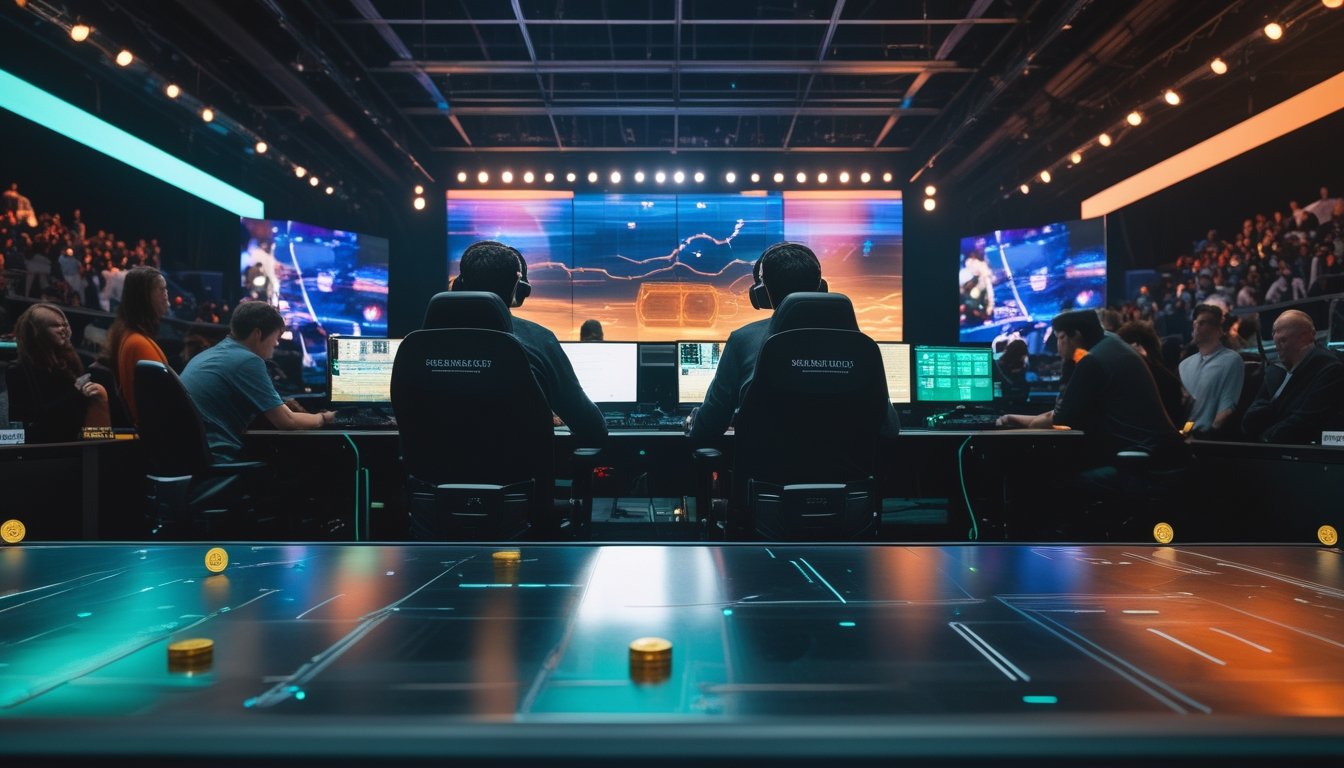 Pertandingan esports nasional berlangsung di arena modern dengan pemain yang fokus, penonton yang menyaksikan, serta simbol keseimbangan dan ketidakpastian di latar depan.