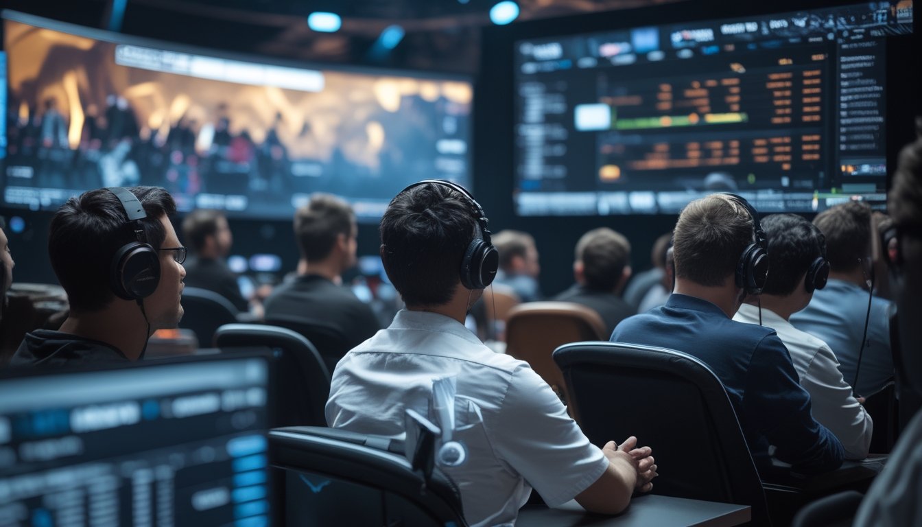 Suasana turnamen esports nasional dengan pemain dan penonton yang menunjukkan berbagai ekspresi saat menyaksikan pertandingan.