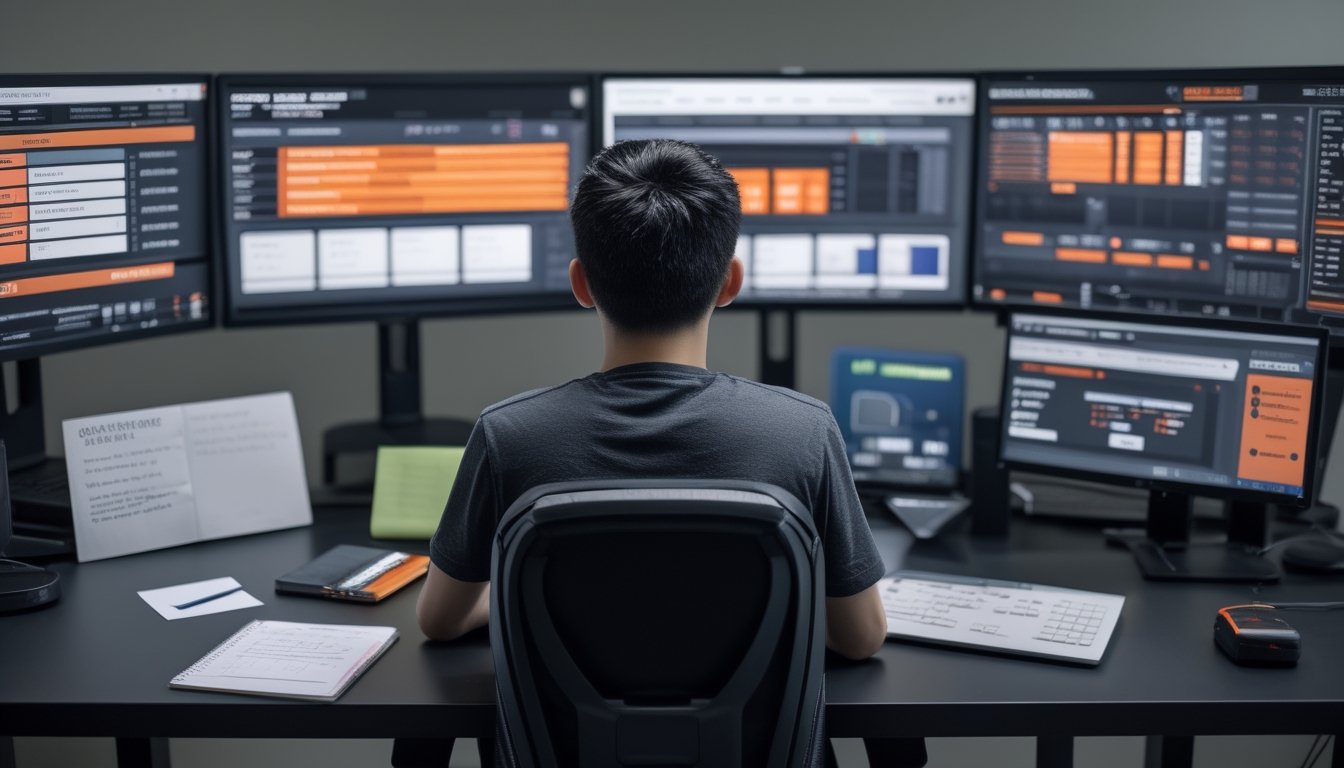 Seorang pemula tampak kebingungan menganalisis pertandingan esports di depan beberapa monitor dengan data dan catatan yang berantakan.
