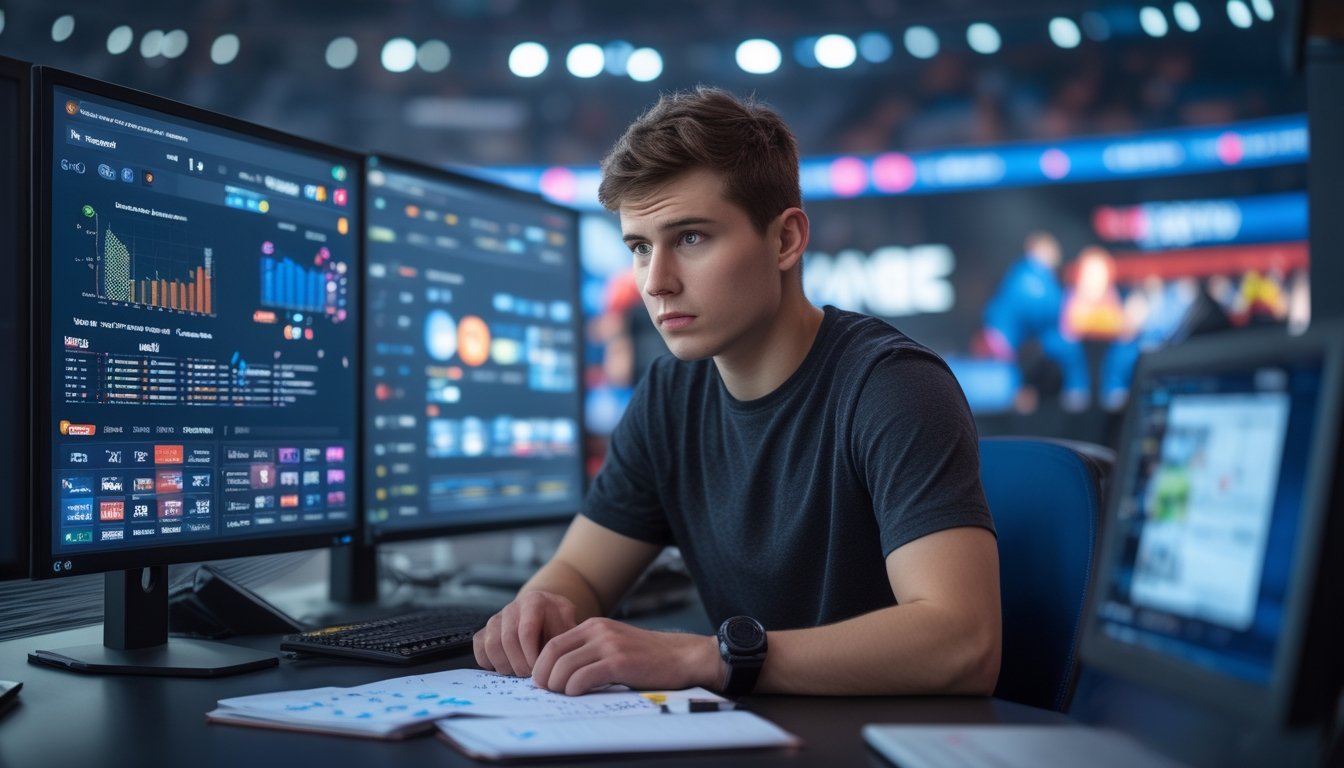Seorang petaruh pemula tampak bingung menganalisis statistik pertandingan esports di depan dua monitor dengan catatan yang berantakan.