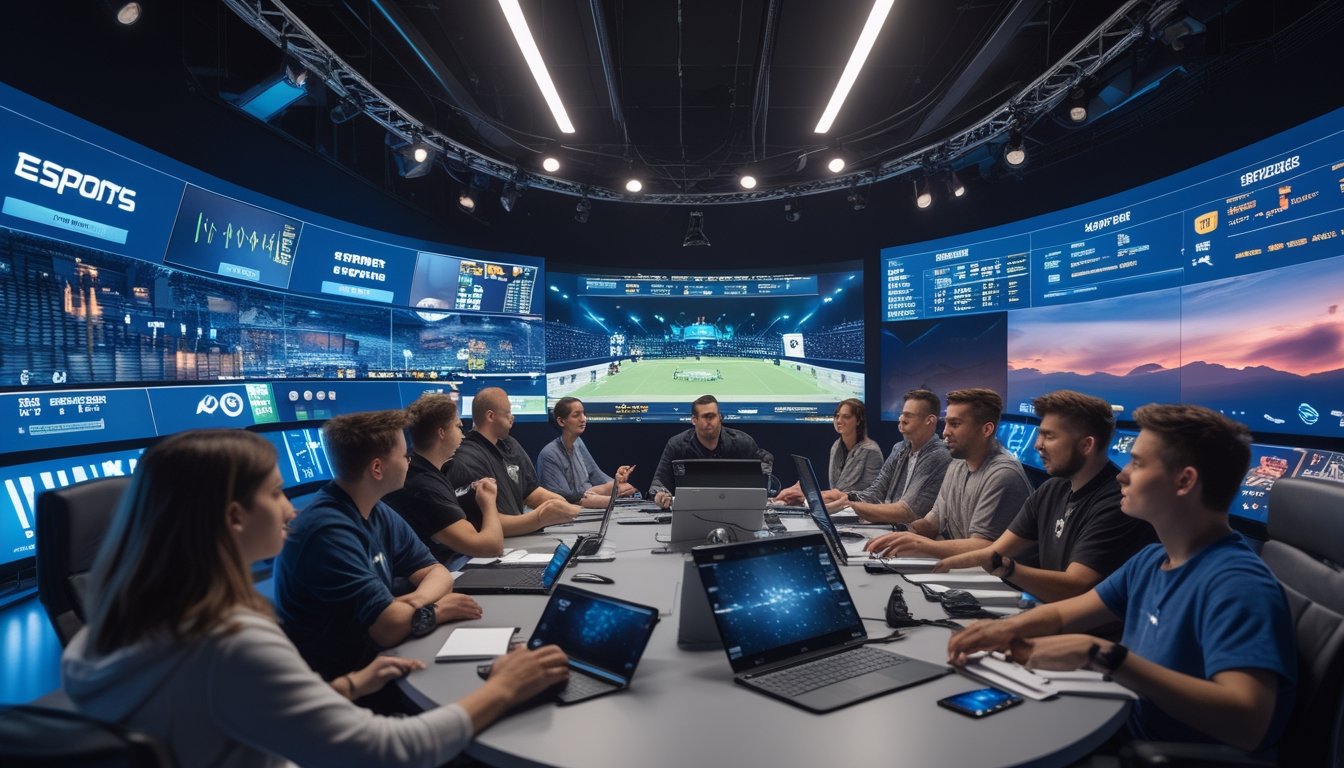 Sekelompok penonton dan analis menyaksikan siaran langsung turnamen esports di studio modern dengan beberapa layar digital.