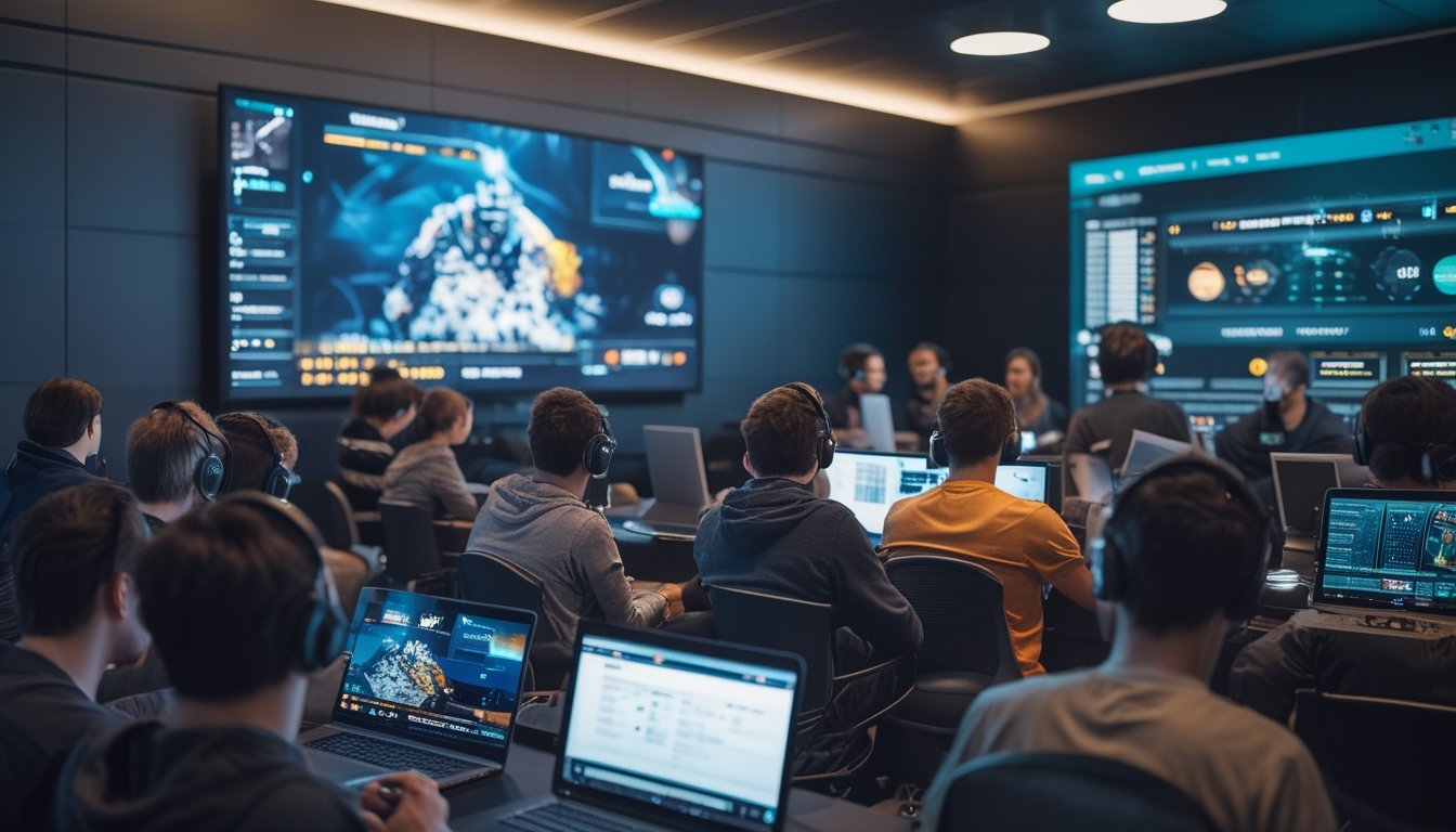 Sekelompok penonton esports menyaksikan pertandingan sambil berinteraksi melalui perangkat digital dan komunitas daring.