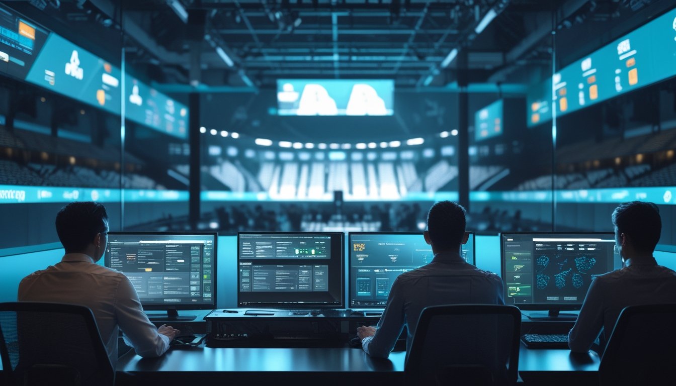 Analis dan petaruh dewasa meninjau data regulasi dan keamanan taruhan esports di ruang kerja modern dengan arena pertandingan di latar belakang.