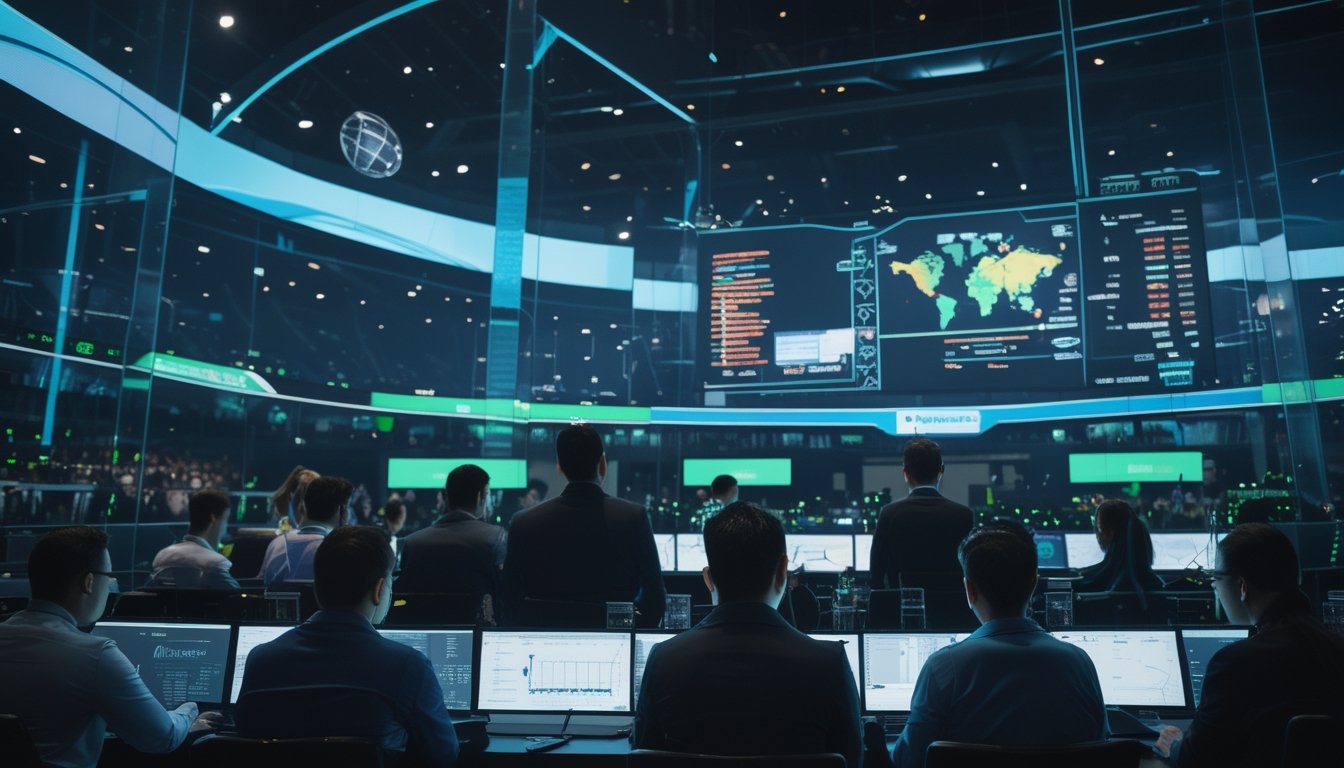 Suasana arena esports internasional dengan pemain, penonton, dan analis yang memantau data regulasi digital.