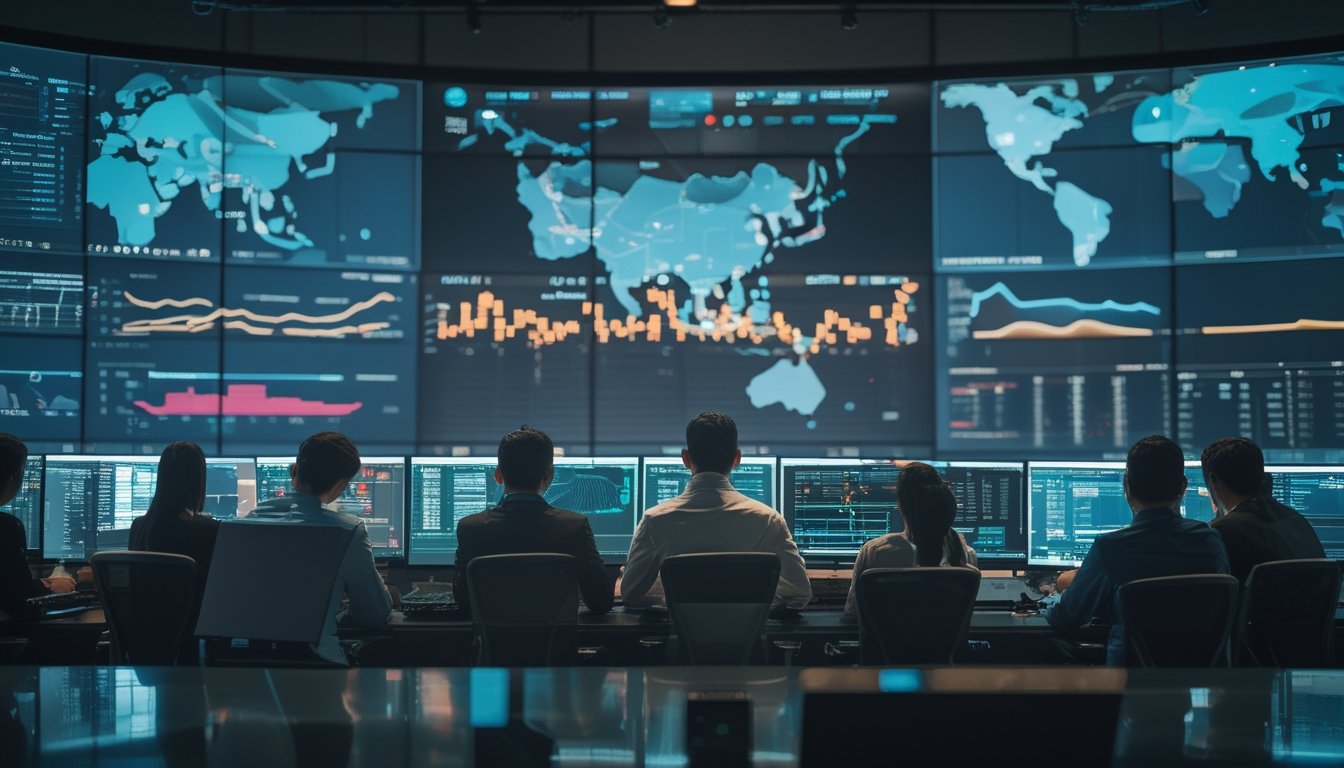 Analis dewasa mengamati layar data pertandingan esports dan tren pasar di sebuah studio modern Asia Tenggara.