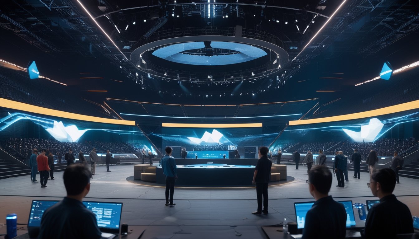 Suasana arena esports modern di Asia Tenggara dengan penonton dewasa, layar pertandingan, dan grafik digital yang menggambarkan pertumbuhan pasar.