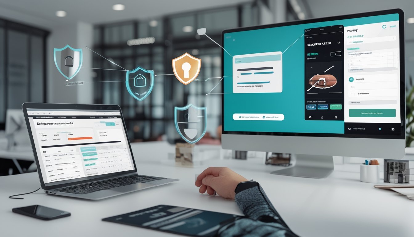 Seseorang memeriksa platform taruhan olahraga di laptop dengan simbol keamanan dan dokumen verifikasi di meja kerja.
