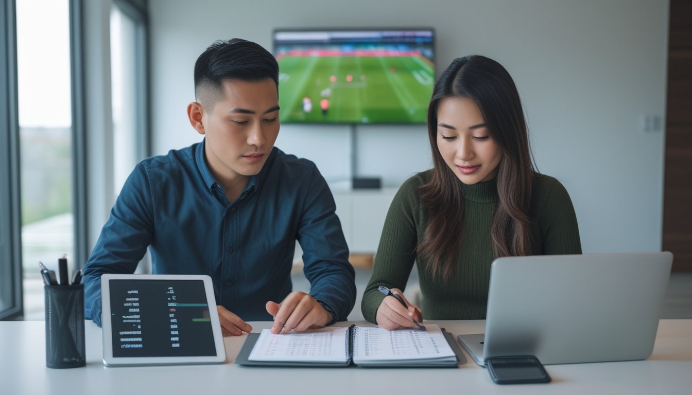 Dua orang dewasa mempelajari statistik pertandingan olahraga di meja kerja dengan laptop, tablet, buku catatan, dan kalkulator.