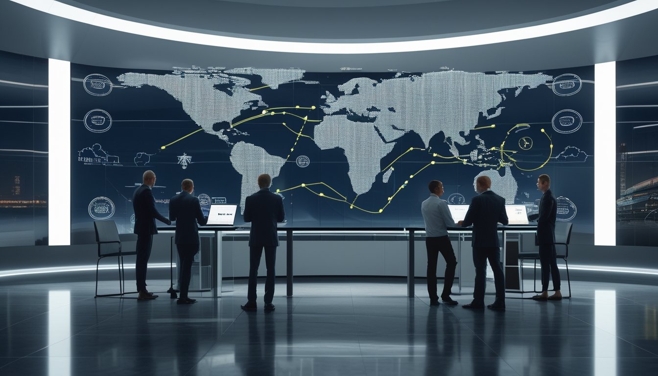 Tim analis dan regulator mengamati visualisasi pasar olahraga global di pusat analitik modern.
