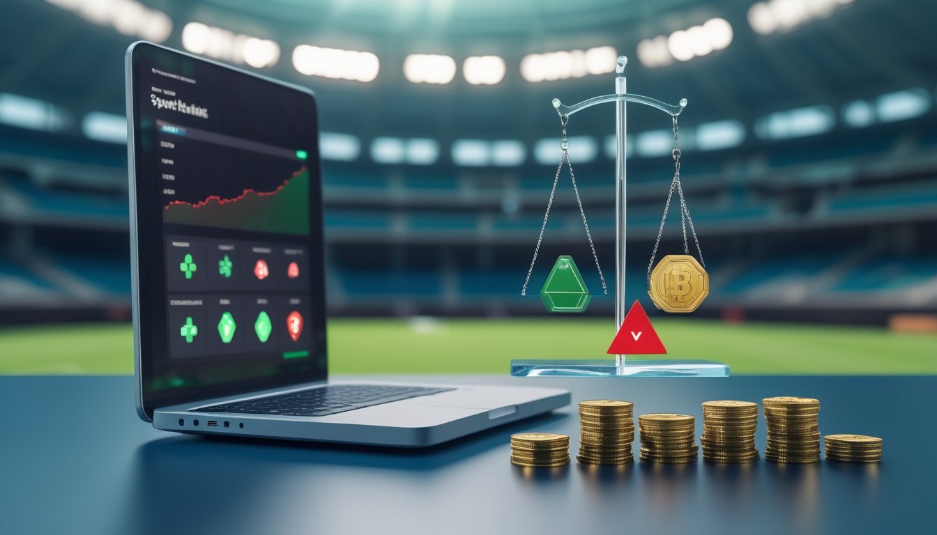 Meja kerja modern dengan dompet digital, koin kripto, dan timbangan yang melambangkan manfaat serta risiko taruhan olahraga.