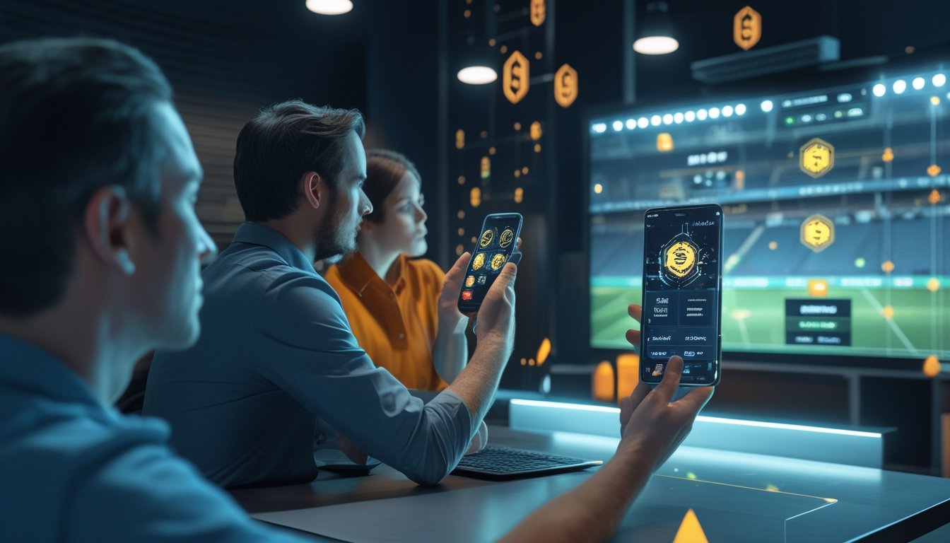 Orang dewasa mengamati pertandingan sepak bola sambil menggunakan ponsel dengan elemen visual mata uang kripto, keamanan digital, dan risiko.