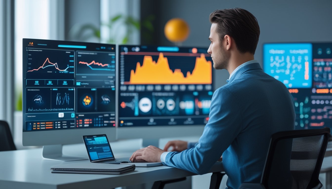 Analis data memantau grafik prediksi olahraga dan visualisasi kecerdasan buatan di beberapa layar komputer.