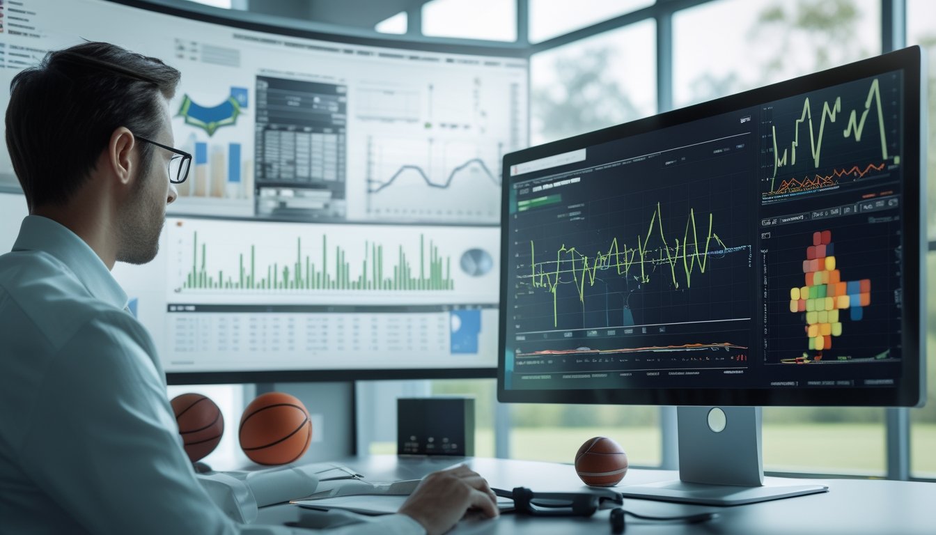 Analis data meninjau grafik prediksi olahraga dan pola data di ruang kerja modern.