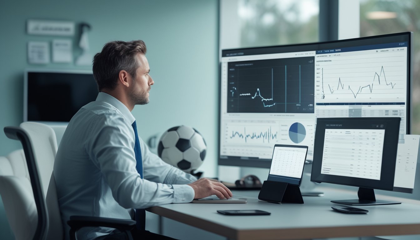 Seorang analis olahraga mempelajari grafik statistik sepak bola di meja kerja dengan sebuah bola sepak di latar depan.