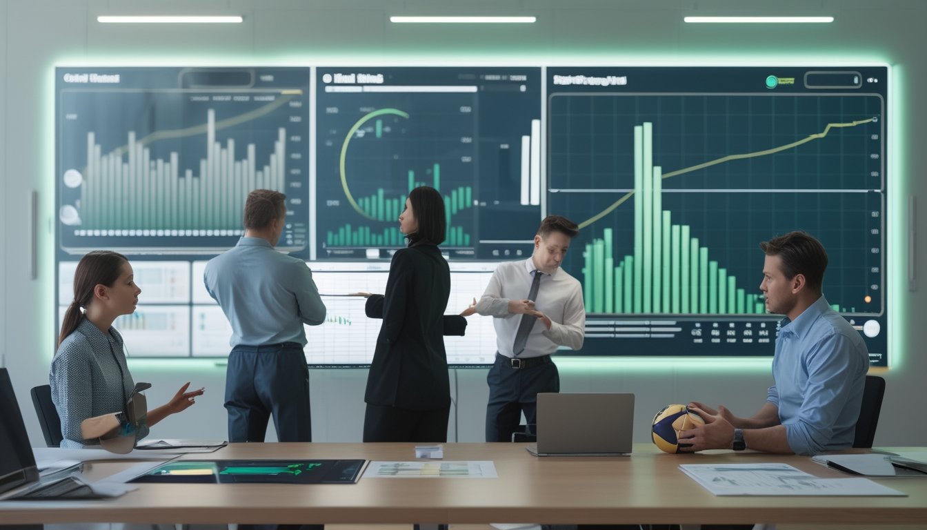 Sekelompok analis mempelajari grafik probabilitas pertandingan sepak bola di ruang kerja modern.