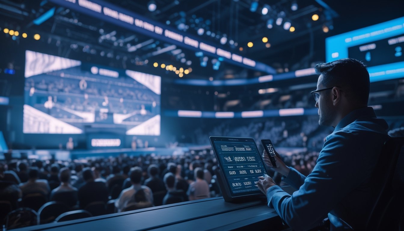 Penonton menyaksikan pertandingan esports internasional di arena modern, sementara seorang analis memeriksa statistik pertandingan pada tablet.