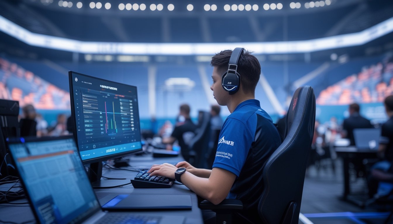 Suasana arena turnamen esports internasional dengan pemain bertanding dan penonton mengamati analisis pertandingan.