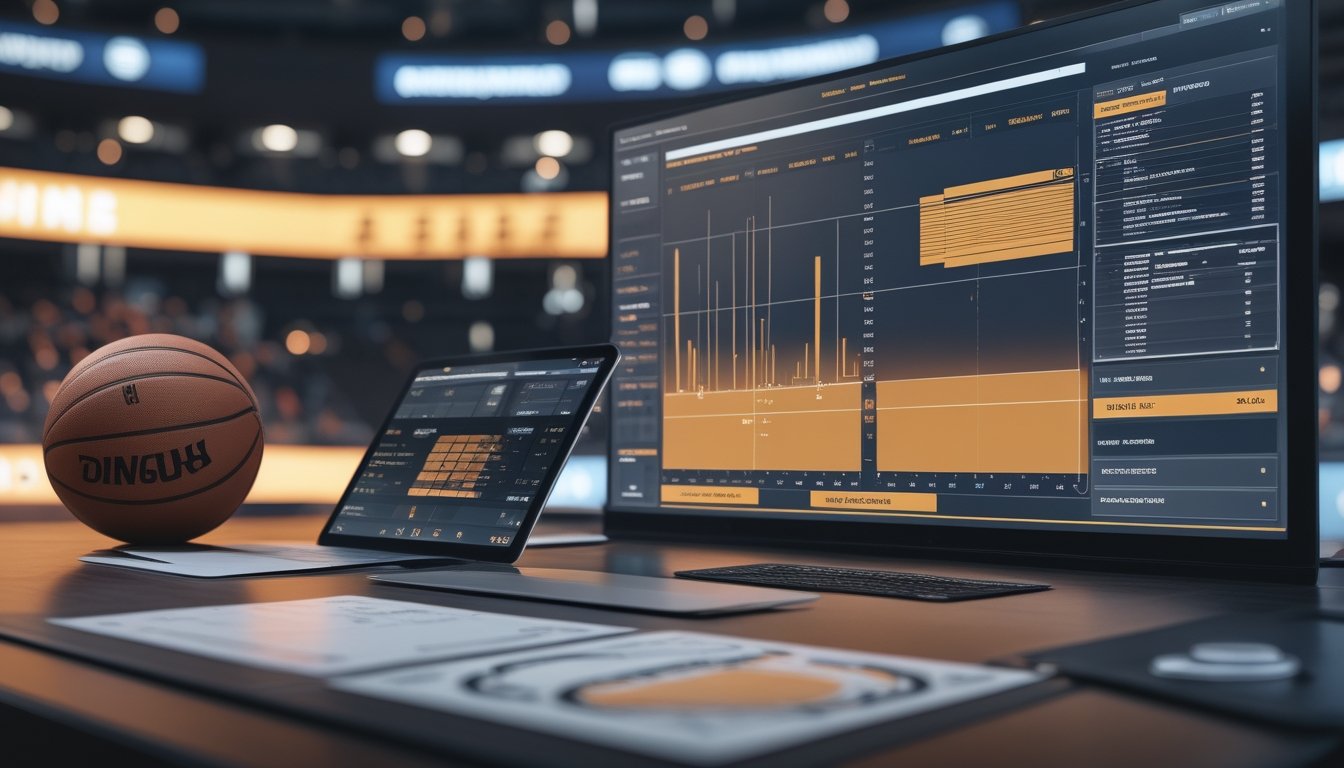 Meja analisis dengan bola basket, perangkat digital, grafik statistik, dan lapangan basket yang terlihat di latar belakang.