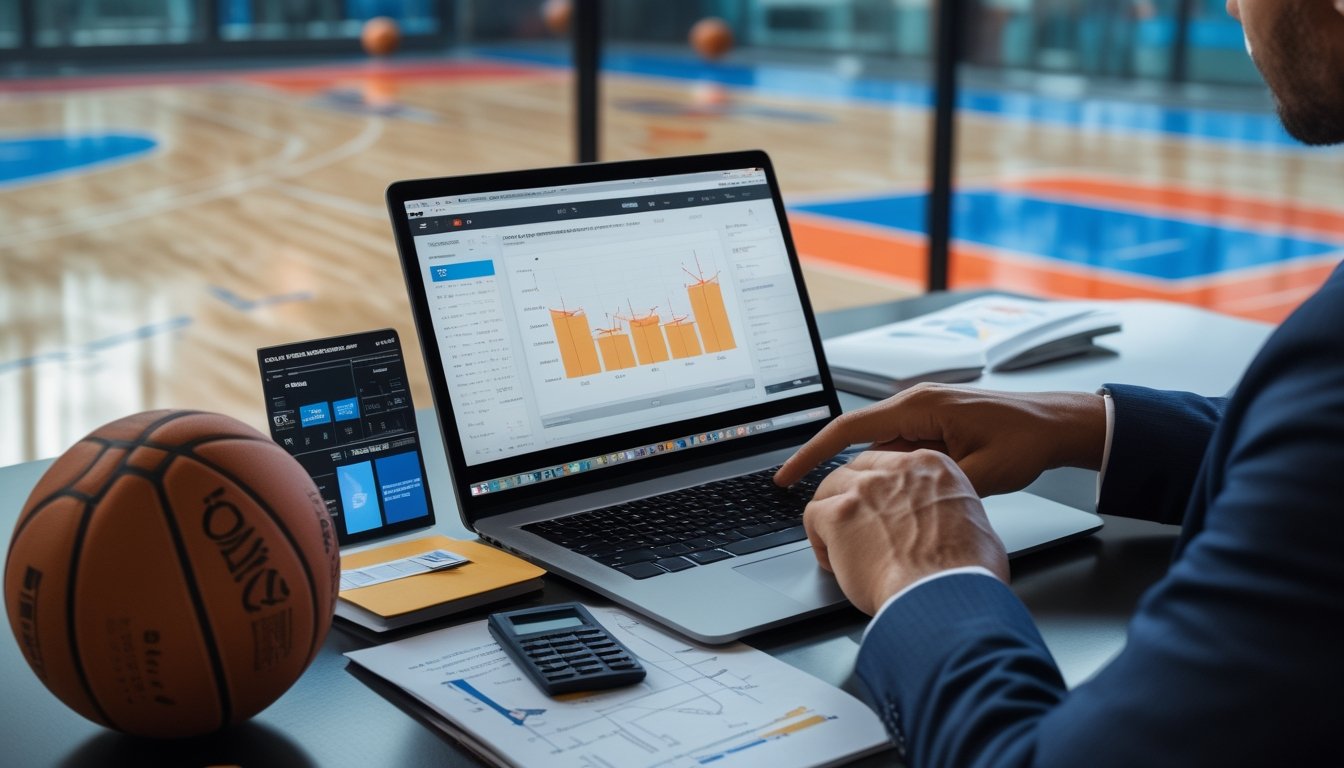 Meja analisis olahraga dengan bola basket, laptop berisi grafik statistik, dan diagram strategi pertandingan.