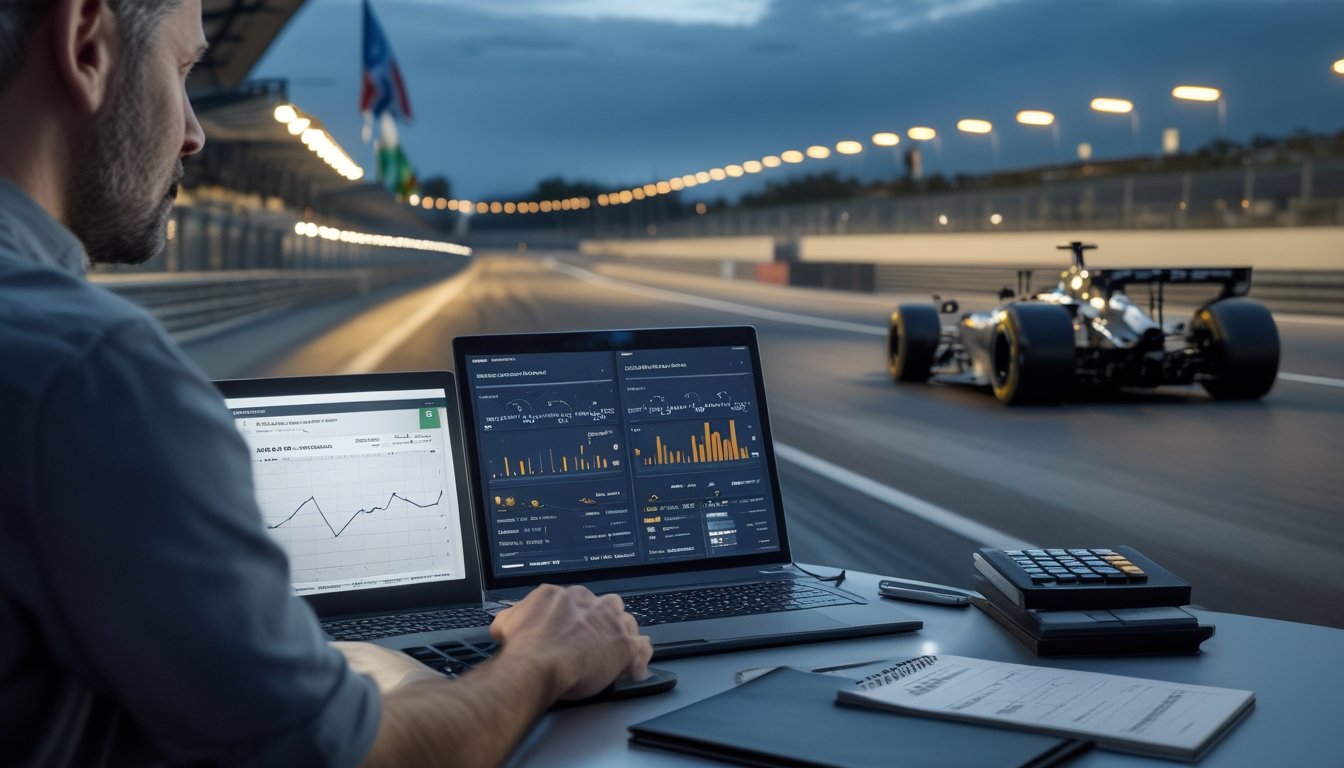 Analis motorsport mempelajari data strategi balap di studio dengan mobil Formula 1 melaju di sirkuit pada latar belakang.