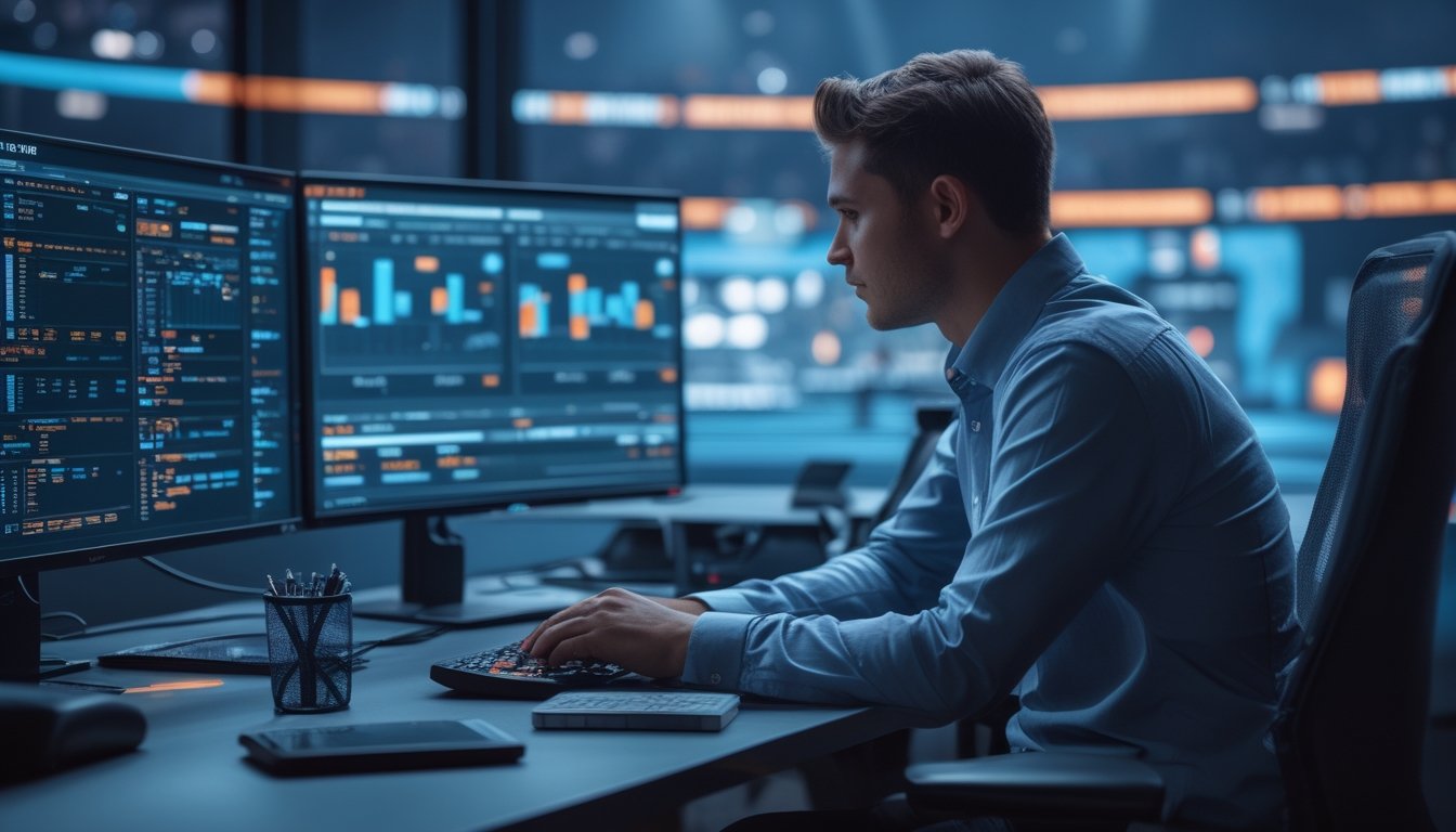 Analis esports menganalisis statistik pertandingan di beberapa monitor dalam studio modern.